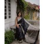Generic Women's Silk Printed Saree With Unstitched Blouse 5.5Mtr (Black) - Image 2