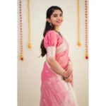 Generic Women's Cotton  Printed Saree With Unstitched Blouse 5.5Mtr (Pink) - Image 2
