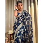 Generic Women's Silk Printed Saree With Unstitched Blouse 5.5Mtr (Dark Blue) - Image 3