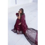 Generic Women's Cotton  Printed Saree With Unstitched Blouse 5.5Mtr (Maroon) - Image 2