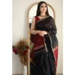 Generic Women's Cotton  Printed Saree With Unstitched Blouse 5.5Mtr (Black) - Image 2