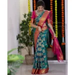 Generic Women's Silk Printed Saree With Unstitched Blouse 5.5Mtr (Teal Blue) - Image 3