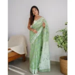 Generic Women's Cotton  Printed Saree With Unstitched Blouse 5.5Mtr (Pista) - Image 2