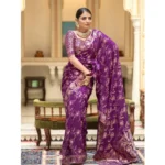Generic Women's Silk Printed Saree With Unstitched Blouse 5.5Mtr (Purple) - Image 2