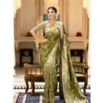 Generic Women's Silk Printed Saree With Unstitched Blouse 5.5Mtr (Olive Green) - Image 3