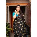 Generic Women's Silk Printed Saree With Unstitched Blouse 5.5Mtr (Sky Blue) - Image 2