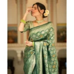 Generic Women's Silk Printed Saree With Unstitched Blouse 5.5Mtr (Green) - Image 3