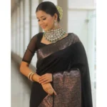 Generic Women's Silk Printed Saree With Unstitched Blouse 5.5Mtr (Black) - Image 3