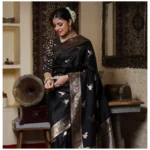 Generic Women's Silk Printed Saree With Unstitched Blouse 5.5Mtr (Black) - Image 2