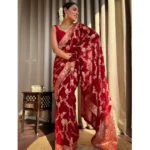 Generic Women's Silk Printed Saree With Unstitched Blouse 5.5Mtr (Red) - Image 3
