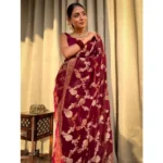 Generic Women's Silk Printed Saree With Unstitched Blouse 5.5Mtr (Maroon) - Image 2