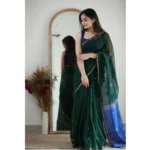 Generic Women's Cotton  Printed Saree With Unstitched Blouse 5.5Mtr (Green) - Image 3