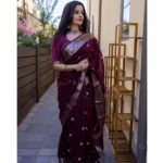 Generic Women's Cotton  Printed Saree With Unstitched Blouse 5.5Mtr (Maroon) - Image 3