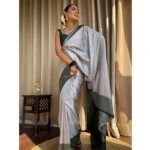 Generic Women's Silk Printed Saree With Unstitched Blouse 5.5Mtr (Grey) - Image 3