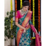 Generic Women's Silk Printed Saree With Unstitched Blouse 5.5Mtr (Teal Blue) - Image 2