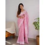 Generic Women's Cotton  Printed Saree With Unstitched Blouse 5.5Mtr (Pink) - Image 3