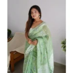 Generic Women's Cotton  Printed Saree With Unstitched Blouse 5.5Mtr (Pista) - Image 3
