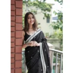 Generic Women's Cotton  Printed Saree With Unstitched Blouse 5.5Mtr (Black) - Image 2