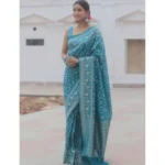 Generic Women's Silk Printed Saree With Unstitched Blouse 5.5Mtr (Sky Blue) - Image 3