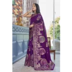 Generic Women's Silk Printed Saree With Unstitched Blouse 5.5Mtr (Purple) - Image 3