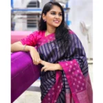 Generic Women's Silk Printed Saree With Unstitched Blouse 5.5Mtr (Navy Blue) - Image 2