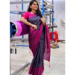 Generic Women's Silk Printed Saree With Unstitched Blouse 5.5Mtr (Navy Blue) - Image 3