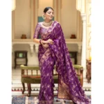 Generic Women's Silk Printed Saree With Unstitched Blouse 5.5Mtr (Purple) - Image 3