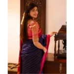 Generic Women's Silk Printed Saree With Unstitched Blouse 5.5Mtr (Navy Blue) - Image 3