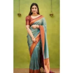 Generic Women's Silk Printed Saree With Unstitched Blouse 5.5Mtr (Rama) - Image 3