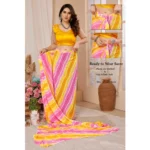 Generic Women's Small Lace Georgette Striped Ready-to-Wear Saree With Unstitched Blouse 5.5 Mtr (Yellow-Pink) - Image 2