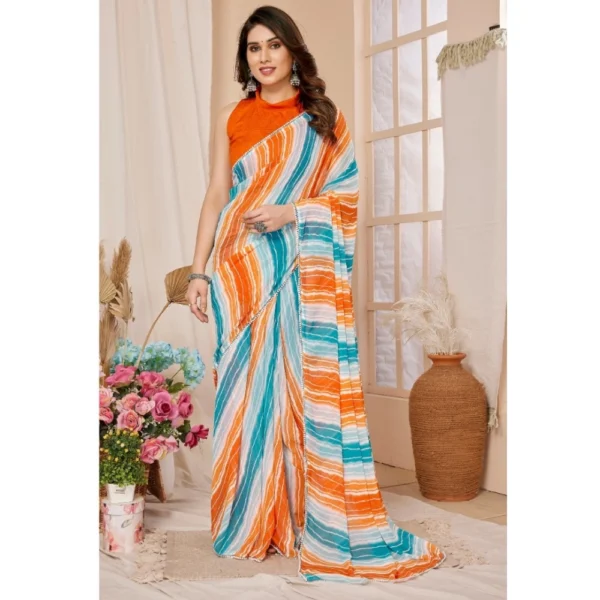 Generic Women's Small Lace Georgette Striped Ready-to-Wear Saree With Unstitched Blouse 5.5 Mtr (Multicolor)