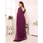 Generic Women's  Black Berry Striped Ready-to-Wear Saree With Unstitched Blouse 5.5 Mtr (Purple-Black) - Image 3