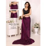 Generic Women's  Black Berry Striped Ready-to-Wear Saree With Unstitched Blouse 5.5 Mtr (Purple-Black) - Image 2