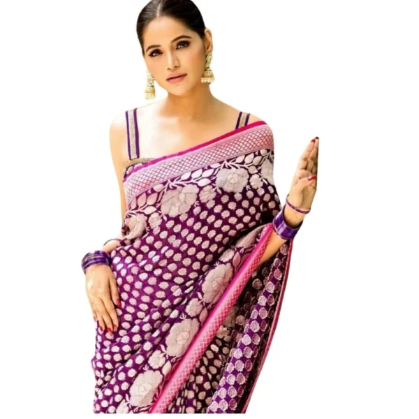 Generic Women's Silk Printed Saree With Unstitched Blouse 5.5Mtr (Purple)