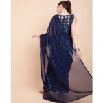 Generic Women's Georgette Embellished Sequnece Bollywood Saree With Unstitched Blouse 5.5Mtr (Blue) - Image 2