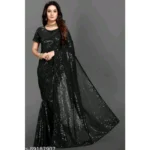 Generic Women's Georgette Embellished Sequnece Bollywood Saree With Unstitched Blouse 5.5Mtr (Black)
