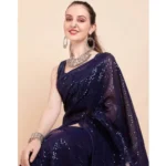 Generic Women's Georgette Embellished Sequnece Bollywood Saree With Unstitched Blouse 5.5Mtr (Blue)