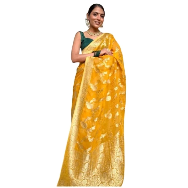 Generic Women's Silk Printed Saree With Unstitched Blouse 5.5Mtr (Gold Yellow)