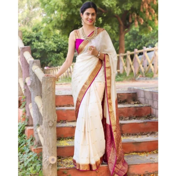 Generic Women's Silk Printed Saree With Unstitched Blouse 5.5Mtr (White)
