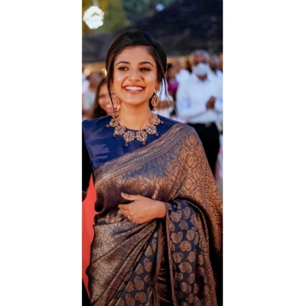 Generic Women's Silk Printed Saree With Unstitched Blouse 5.5Mtr (Blue)