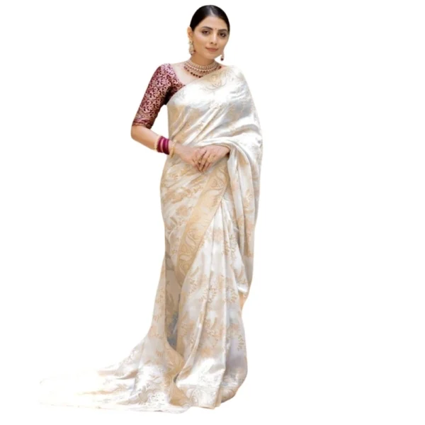 Generic Women's Silk Printed Saree With Unstitched Blouse 5.5Mtr (White)