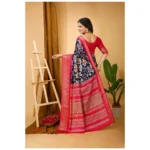 Generic Women's Soft Dola Cotton Kalamkari Printed Saree With Unstitched Blouse 5.5Mtr (Navy Blue) - Image 3