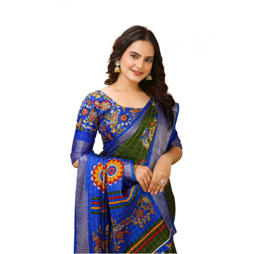 54469424167_a44a9c0543_o_d-1000x1000-1.webp Generic Women's Soft Dola Cotton Kalamkari Printed Saree With Unstitched Blouse 5.5Mtr (Mehendi) - Image 1