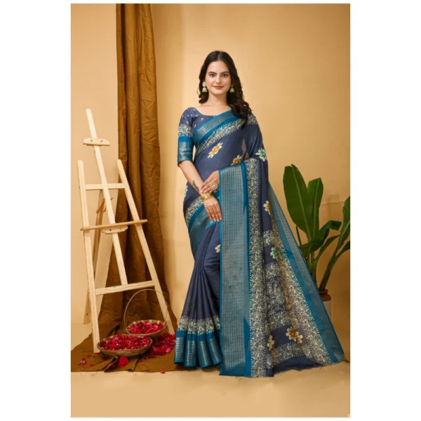 Generic Women's Soft Blooming Marshmallow Fabric Kalamkari Printed Saree With Unstitched Blouse 5.5Mtr (Grey)