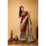 Generic Women's Soft Handloom Cotton Kalamkari Printed Saree With Unstitched Blouse 5.5Mtr (Maroon) - Image 2