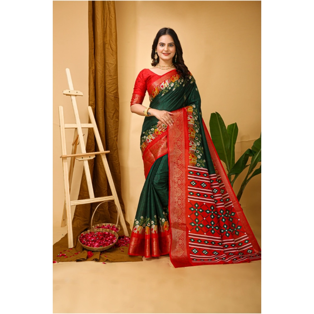 54470268321_eb492a33fd_o_d-1000x1000-1.webp Generic Women's Soft Dola Cotton Kalamkari Printed Saree With Unstitched Blouse 5.5Mtr (Green) - Image 1