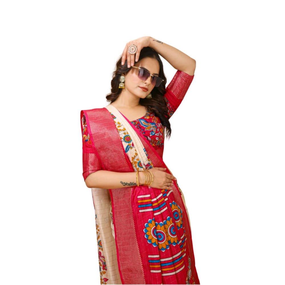 54470464784_a936207770_o_d-1000x1000-1.webp Generic Women's Soft Dola Cotton Kalamkari Printed Saree With Unstitched Blouse 5.5Mtr (Red) - Image 1
