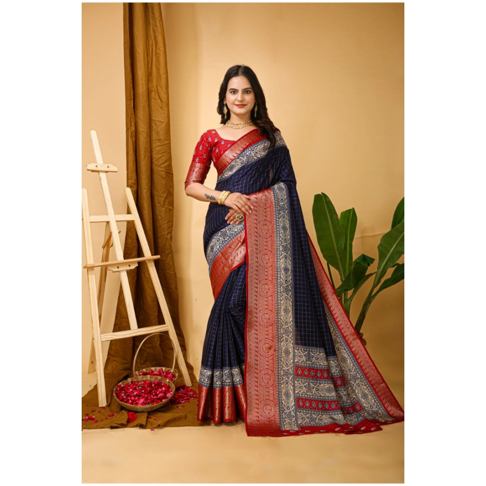 54470466544_db7c6d035b_o_d-1000x1000-1.webp Generic Women's Soft Dola Cotton Kalamkari Printed Saree With Unstitched Blouse 5.5Mtr (Navy Blue) - Image 1