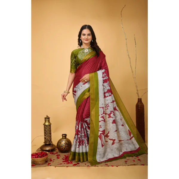 Generic Women's Soft Handloom Cotton Kalamkari Printed Saree With Unstitched Blouse 5.5Mtr (Maroon)