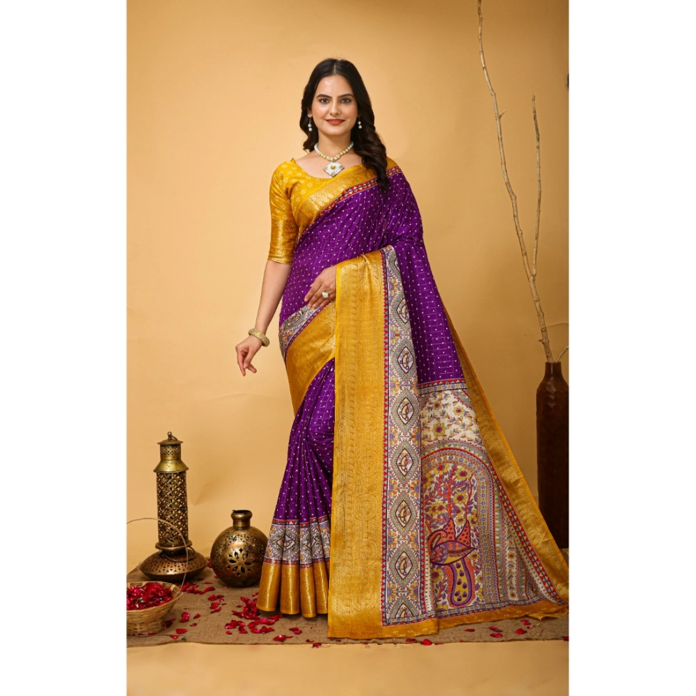 54470533398_c247495cec_o_d-1000x1000-1.webp Generic Women's Soft Dola Cotton Kalamkari Printed Saree With Unstitched Blouse 5.5Mtr (Purple) - Image 1